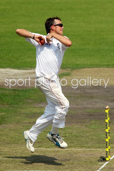 England  bowler Graeme Swann in action v Bangladesh
