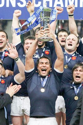 Thierry Dusautoir France captain lifts trophy 