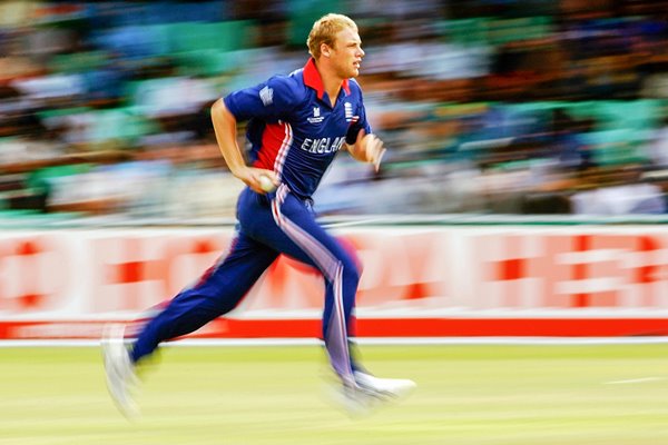 Andrew Flintoff runs in to bowl