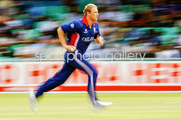 Andrew Flintoff runs in to bowl