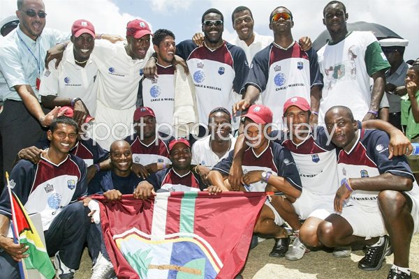 The West Indies team celebrate record win