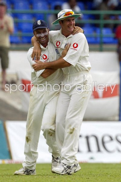 Nasser Hussain congratulated by Michael Vaughan