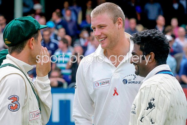 Justin Langer, Andrew Flintoff and Muttiah Muralitharan 