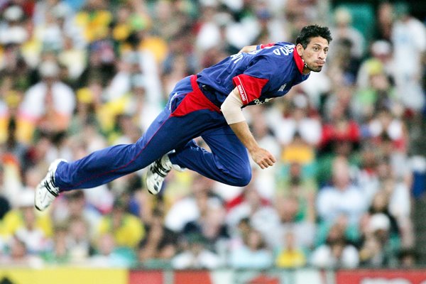 Sajid Mahmood of England bowls 