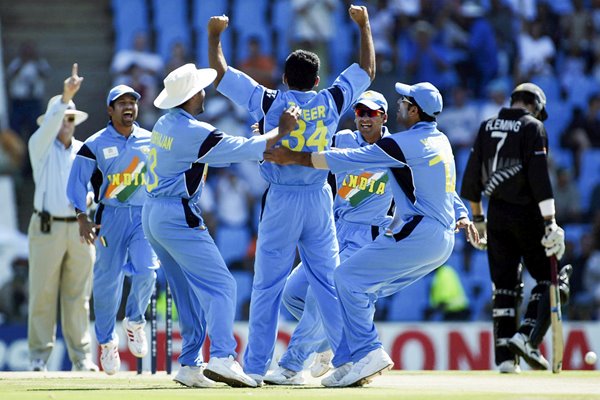Zaheer Khan of India celebrates the wicket of Nathan Astle of New Zealand