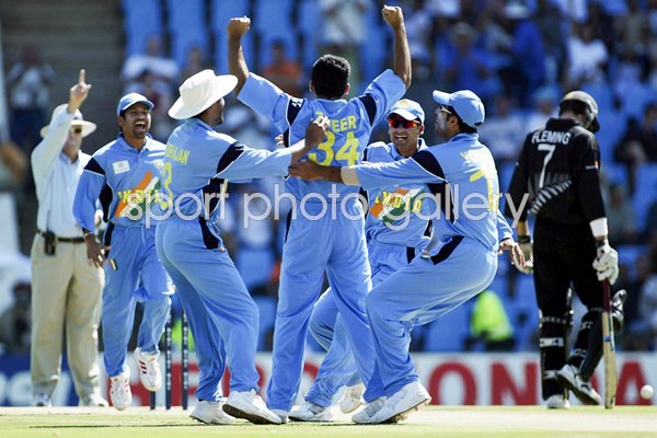 Zaheer Khan of India celebrates the wicket of Nathan Astle of New Zealand