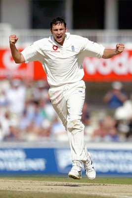 Stephen Harmison of England celebrates taking the wicket of Makahaya Ntini