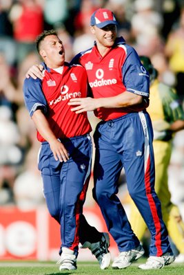 Darren Gough celebrates with Andrew Flintoff 