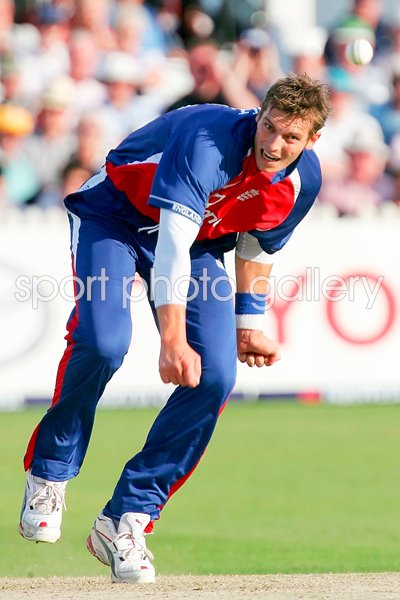 Chris Tremlett of England bowls 