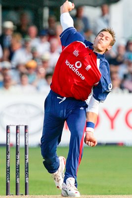 Chris Tremlett of England bowls 