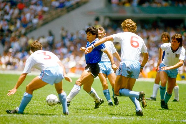 Diego Maradona of Argentina and Sansom and Terry Butcher of England