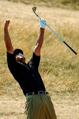 Tiger Woods celebrates eagle 2003 Open