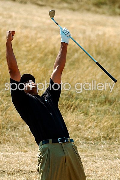 Tiger Woods celebrates eagle 2003 Open
