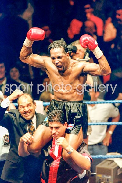 Nigel Benn celebrates win v Louis Gent Royal Albert Hall 1993