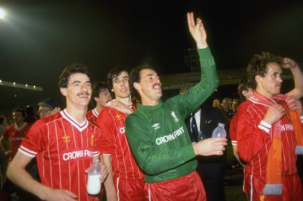 Ian Rush, Alan Hansen, Bruce Grobbelaar and Phil Neal of Liverpool