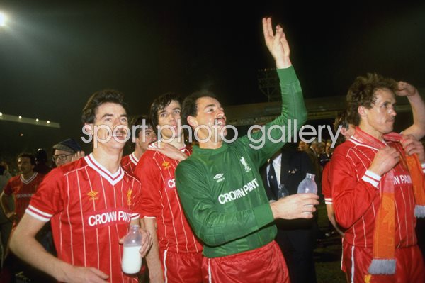 Ian Rush, Alan Hansen, Bruce Grobbelaar and Phil Neal of Liverpool