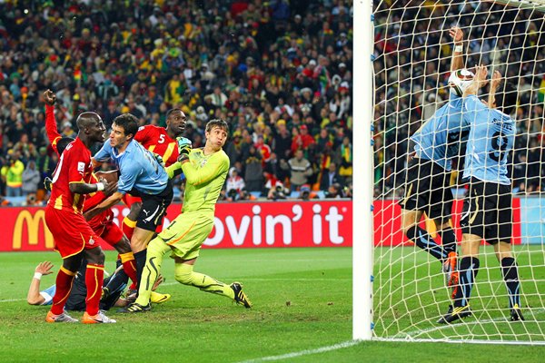 Luis Suarez of Uruguay handles the ball