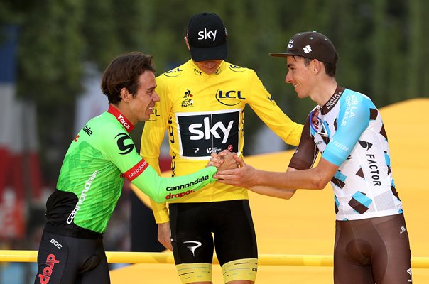 Chris Froome Rigoberto Uran & Romain Bardet Podium Paris 2017