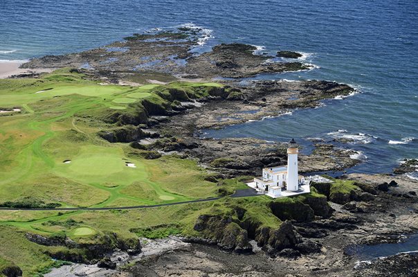 Aerial view 9th Hole and Lighthouse Ailsa Course Turnberry  