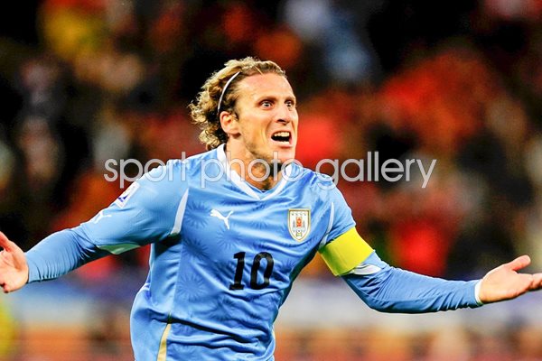 Diego Forlan celebrates his equalizer v Holland