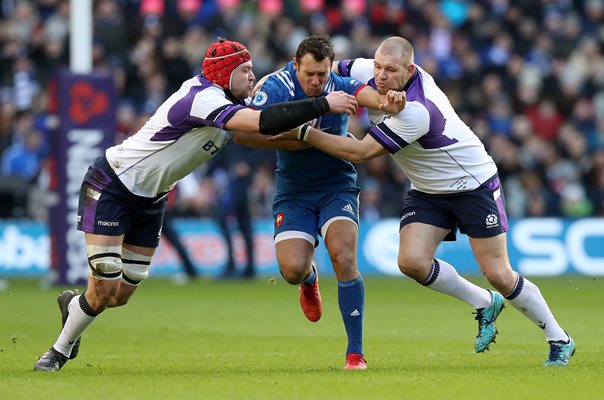 Lionel Beauxis tackled by Grant Gilchrist &Gordon Reid Murrayfield 2018