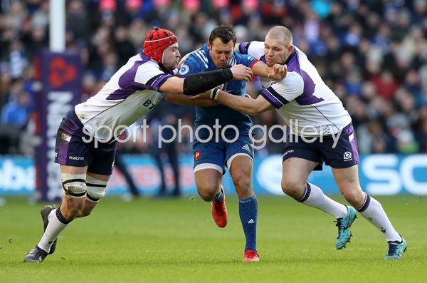 Lionel Beauxis tackled by Grant Gilchrist &Gordon Reid Murrayfield 2018