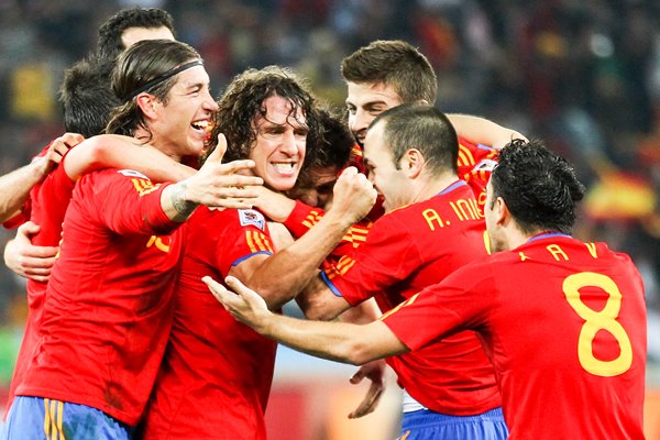 Spanish players celebrate the goal v Germany