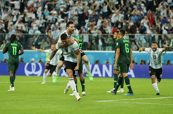 Marcos Rojo & Lionel Messi celebrate Argentina v Nigeria World Cup 2018