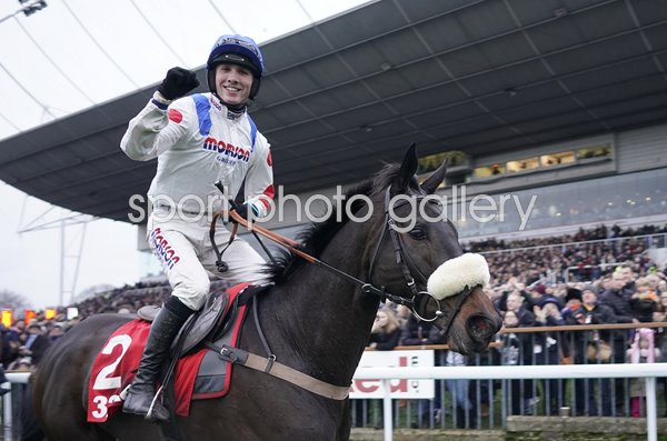 Harry Cobden celebrates Clan des Obeaux King George V1 2018