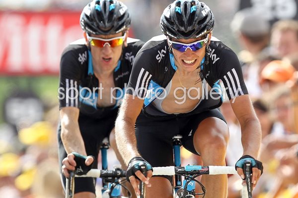 Bradley Wiggins rides into Morzine with Lovkvist