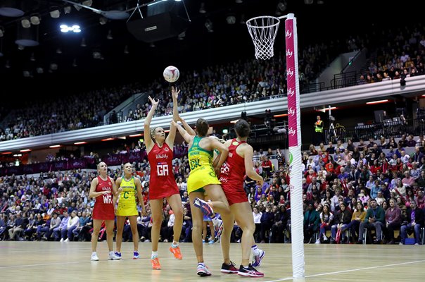 Jo Harten England shoots v Australia Netball Quad Series 2019