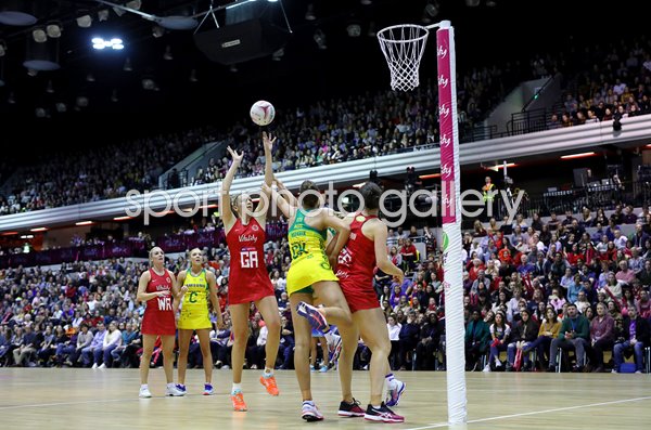 Jo Harten England shoots v Australia Netball Quad Series 2019