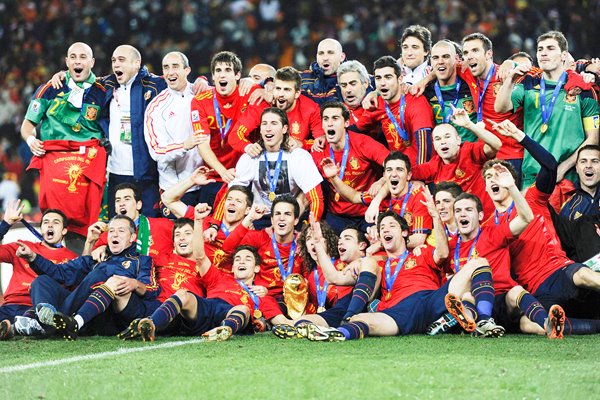 The Spain team celebrate with the World Cup