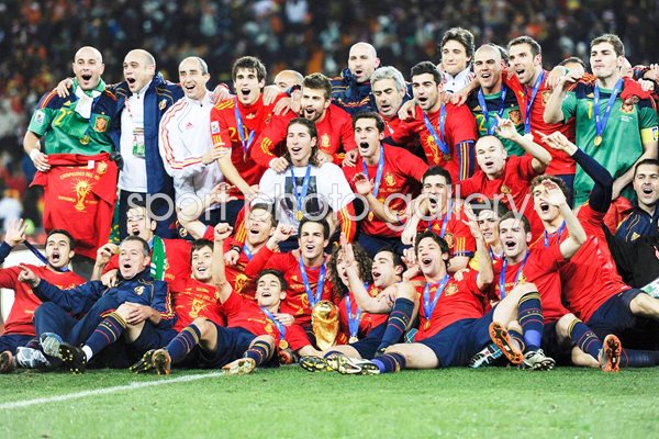 The Spain team celebrate with the World Cup