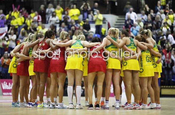 England & Australia Post Match Huddle Netball International Series 2019