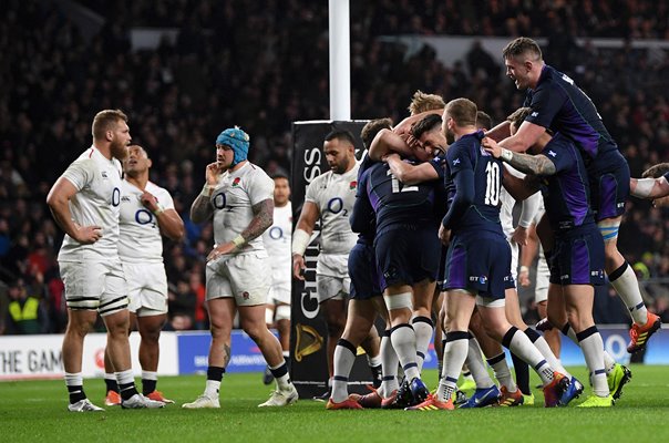 Scotland celebrate Sam Johnson try v England Twickenham 2019