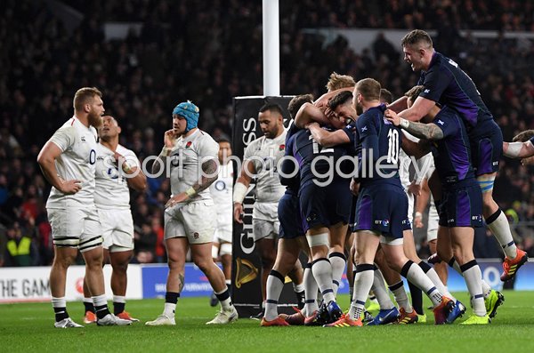 Scotland celebrate Sam Johnson try v England Twickenham 2019