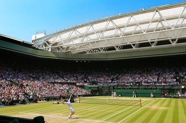 Andy Murray serves Centre Court Wimbledon Final 2013