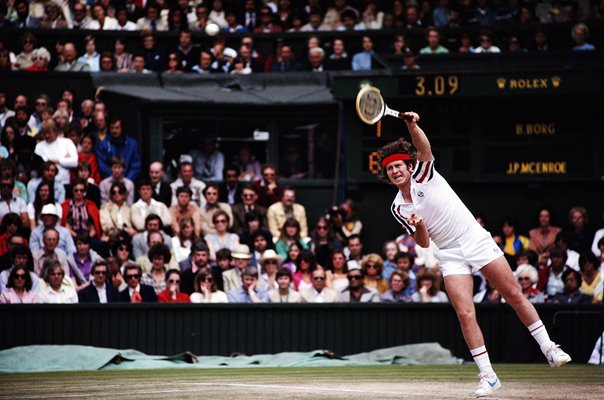 John McEnroe serves v Bjorn Borg Wimbledon Final 1980