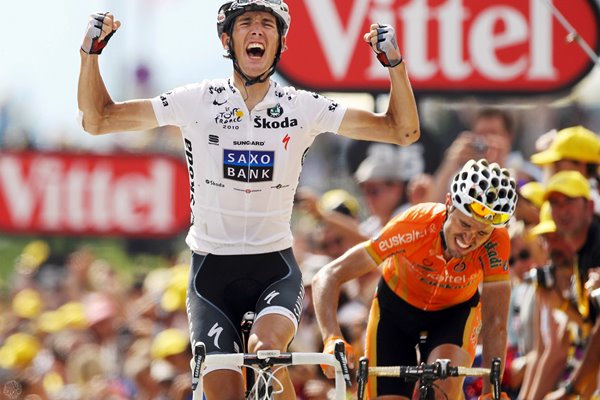 Andy Schleck celebrates Stage 8 win