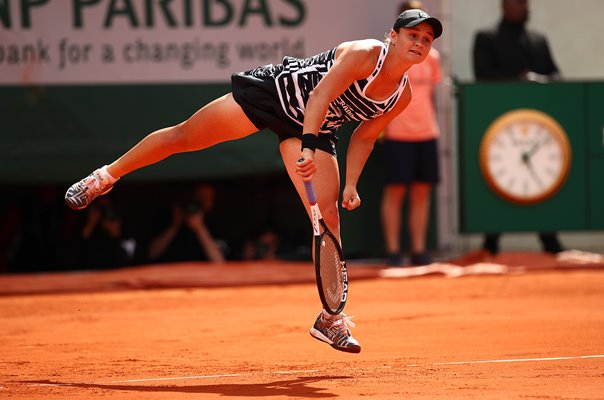 Ashleigh Barty Australia serves French Open Champion Paris 2019