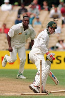 Devon Malcolm bowls Michael Slater 3rd Ashes Test Sydney 1994