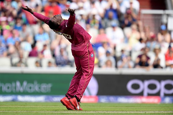 Sheldon Cottrell West Indies celebrates v New Zealand World Cup 2019