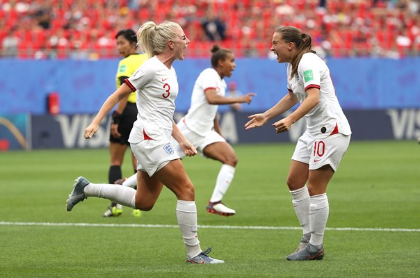 Alex Greenwood & Fran Kirby England celebrate v Cameroon World Cup 2019