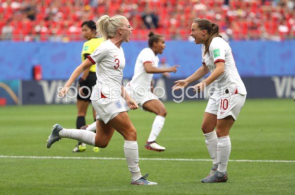 Alex Greenwood & Fran Kirby England celebrate v Cameroon World Cup 2019