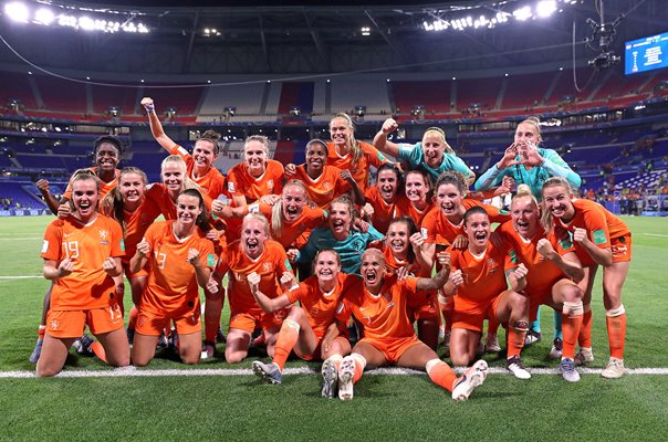 Netherlands celebrate v Sweden Semi Final World Cup 2019