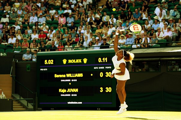 Serena Williams USA serves Centre Court Wimbledon 2019