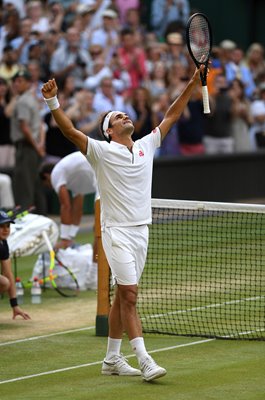 Roger Federer celebrates v Rafael Nadal Semi Final Wimbledon 2019