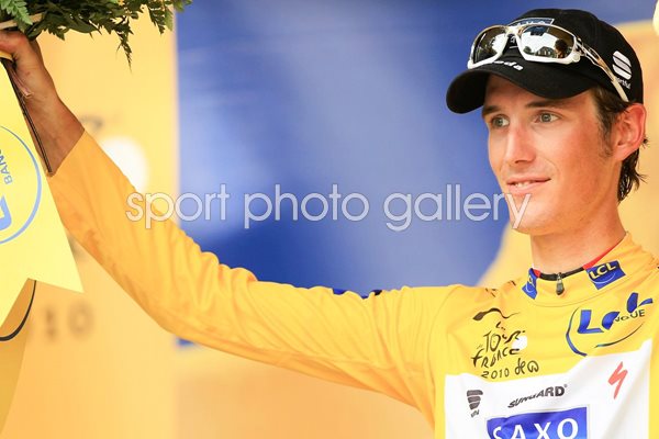 Andy Schleck of team Saxo Bank wears the yellow jersey 