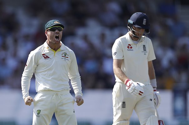 David Warner celebrates catching Joe Root Headingley Ashes 2019